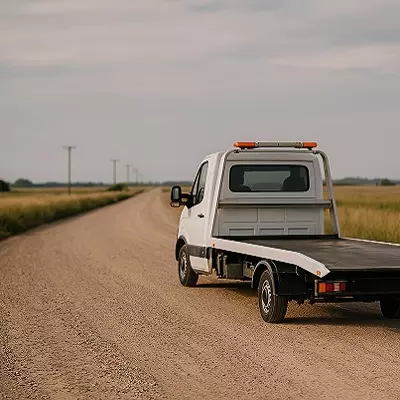 Grúa circulando por ruta camino de tierra