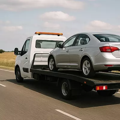 Grúa remolcando auto gris claro