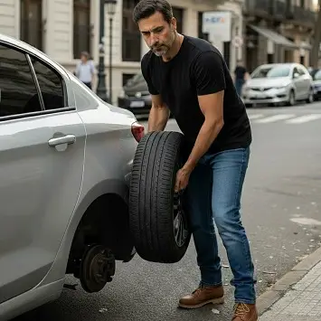 Chofer de Grúas La Plata cambiando la rueda de un auto
