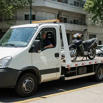 Grúa con moto negra cargada sobre la plancha