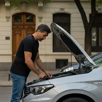 Chofer de grúa revisando el motor de un auto