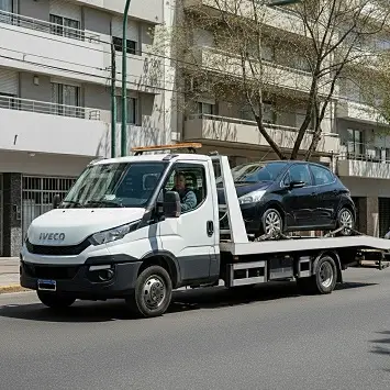 Grúa llevando auto negro por calle de Ensenada